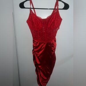 Red laced satin dress